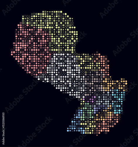 Paraguay, shape of the country build of colored cells. Digital style map of the Paraguay on dark background. Small size circle blocks. Modern vector illustration.