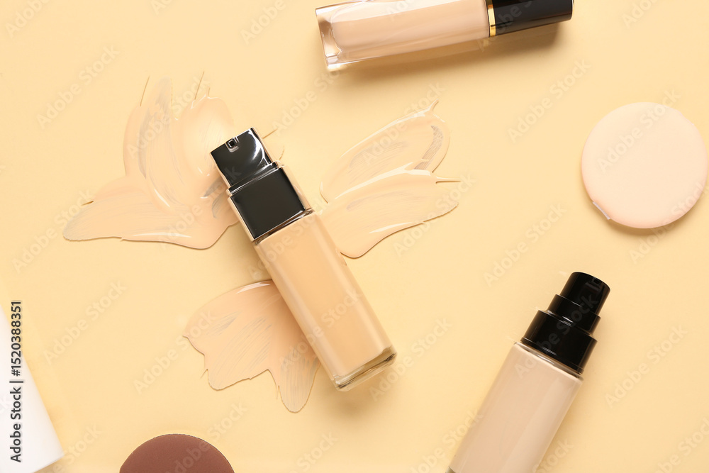 Obraz premium Bottles of makeup foundation with sponges and samples on beige background
