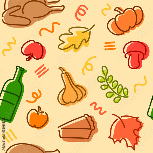 Thanksgiving seamless pattern. Fall pattern: turkey, beer, apple, pumpkin, fall leaves, mushroom. Pattern for thanksgiving day on yellow background. Vector. EPS