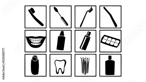 "A grid of flat, stylized dental icons featuring toothbrushes, toothpaste, floss, and mouthwash. Each icon is rendered in dark gray-blue on a light gray background, with clean lines and simplified for