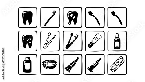 "A grid of flat, stylized dental icons featuring toothbrushes, toothpaste, floss, and mouthwash. Each icon is rendered in dark gray-blue on a light gray background, with clean lines and simplified for