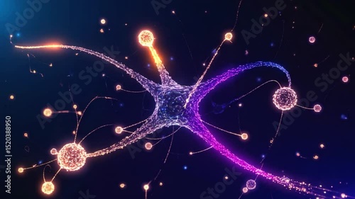 Futuristic digital illustration of neuron cell structure depicting neural network activity and communication.