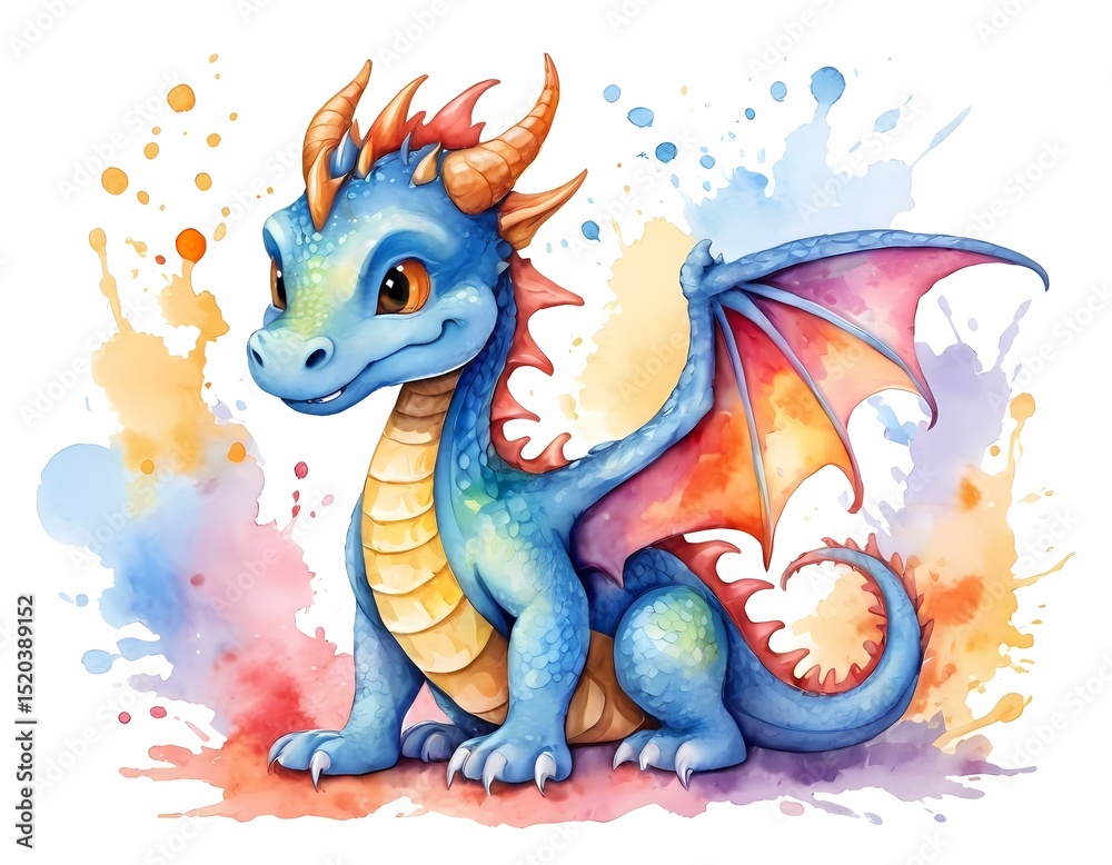 Fototapeta premium Adorable Baby Dragon Watercolor Illustration with Colorful Splashes