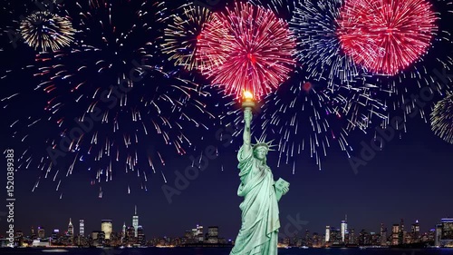 Celebratory fireworks over statue of Liberty on American Independence day in New-York city