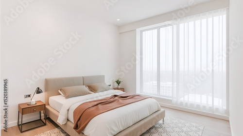 A Modern Bedroom Interior With Double Bed,The room designated for sleeping features a spacious, large bed alongside a generously sized window.