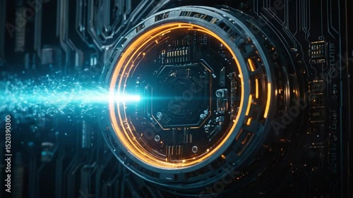 Futuristic digital technology concept with circuit board and glowing energy beam
