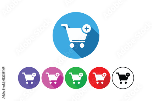 Colorful add to cart icon designs representing online shopping or e-commerce purchases