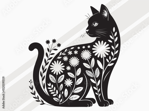 Floral Cat Silhouette, Floral Cat SVG, Cat with Flowers, Cat Body fill Flowers Pattern, Decorative Cat SVG, Cat Art Print for Nature and Animal Lovers Decor