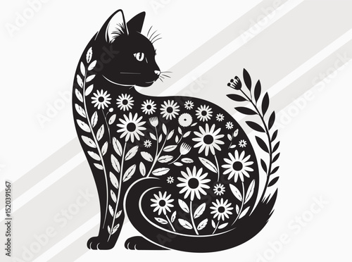 Floral Cat Silhouette, Floral Cat SVG, Cat with Flowers, Cat Body fill Flowers Pattern, Decorative Cat SVG, Cat Art Print for Nature and Animal Lovers Decor