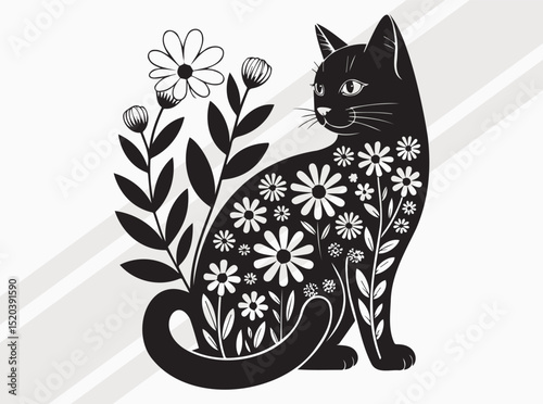 Floral Cat Silhouette, Floral Cat SVG, Cat with Flowers, Cat Body fill Flowers Pattern, Decorative Cat SVG, Cat Art Print for Nature and Animal Lovers Decor