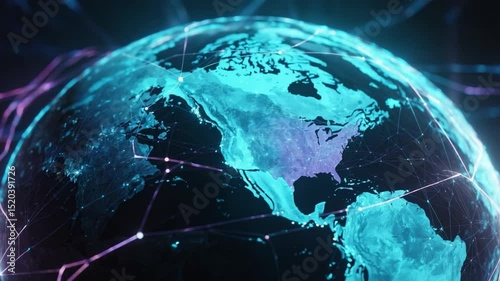 Futuristic earth globe depicting global network connections and data transfer across continents in a neon blue and purple glow.