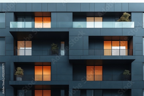 Modern Urban Architectural Design. Contemporary Residential Building with Glass Facade and Balcony Windows at Night