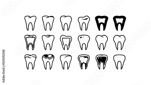 "Stylized dental care icons showing various types of teeth: molars, canines, incisors, and teeth with cavities or crowns. Flat, professional iconography in a grid, dark gray-blue color."



