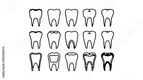"Stylized dental care icons showing various types of teeth: molars, canines, incisors, and teeth with cavities or crowns. Flat, professional iconography in a grid, dark gray-blue color."



