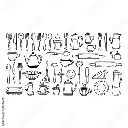 Kitchenware doodle vector illustration with utensils cutlery teapot spoon and cooking equipment sketch drawing