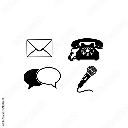 Communication methods: email, telephone, chat bubbles and microphone vector illustration design concept