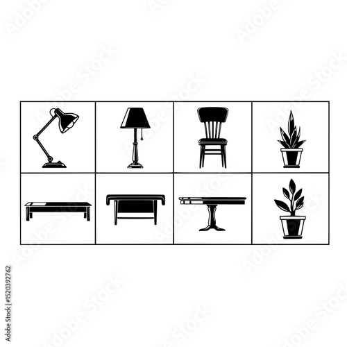 Furniture lamp table chair plant interior design home decor office desk illustration silhouette icon set