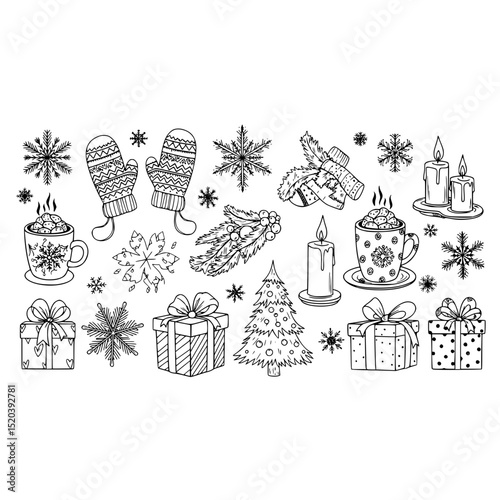Winter christmas holiday season snowflake gift candle tree mittens cocoa sketch line art vector design