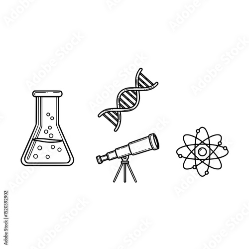 Science lab equipment: beaker, dna, telescope, atom science, research, chemistry, biology, physics study