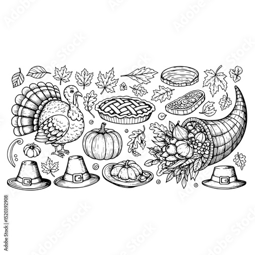 Thanksgiving autumn harvest cornucopia turkey pumpkin pie leaves pilgrim hat drawing illustration art