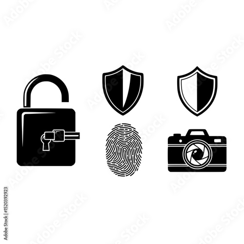 Security lock shield camera fingerprint data protection privacy safety access authentication system icon set