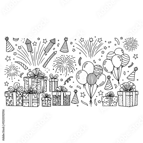 Celebration party birthday gift balloon firework doodle sketch vector line art illustration design element