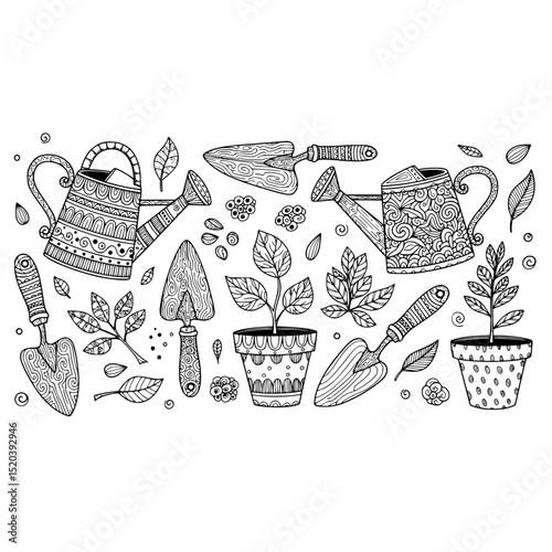 Gardening tools plants watering can shovel seeds leaves flower pots garden doodle art illustration