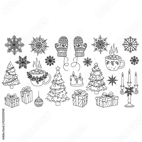 Christmas winter holidays season snowflakes christmas tree gifts mittens candles cocoa outline drawing art