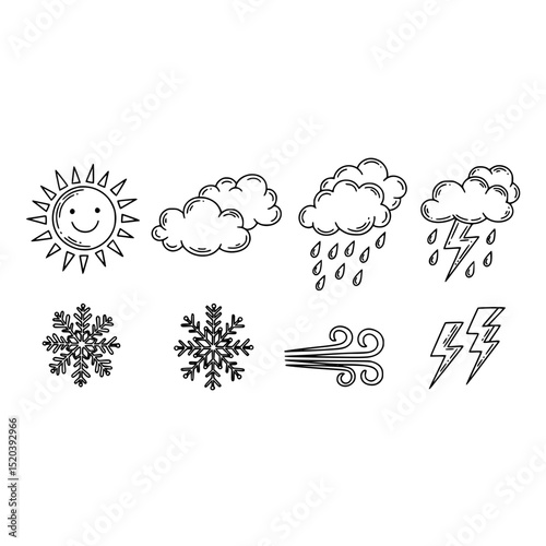 Weather forecast icon set sun cloud rain snowflake wind and lightning doodle vector illustration design element