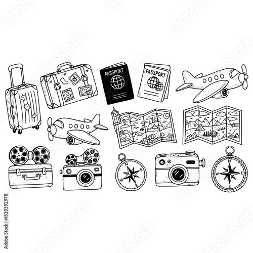Travel vacation adventure trip journey passport map airplane camera compass luggage tourism destination icon set