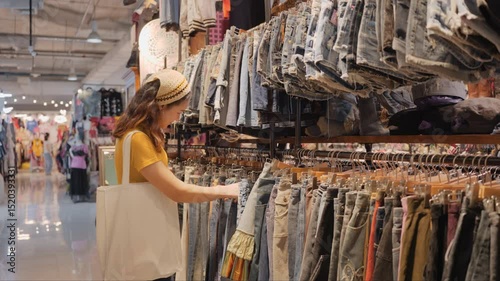 Young teen tourist Gen Z asia female choose look at zero waste eco go green buy second hand sale store flea market thrift old used vintage fabric style. Happy woman city asian people small retail shop