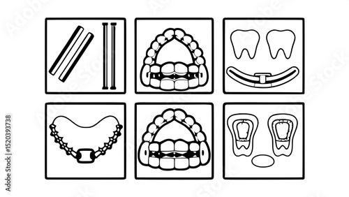 "Icon collection featuring orthodontic tools and treatments: braces, retainers, aligners, and rubber bands. Clean flat style, arranged neatly in a grid, gray-blue on light gray background."



