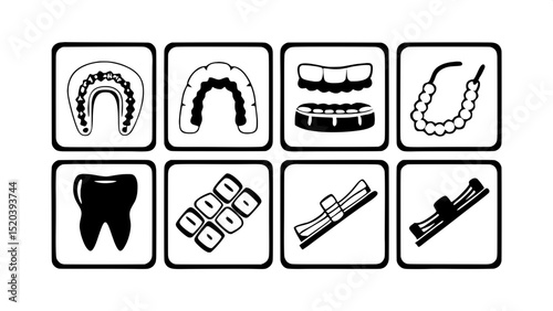 "Icon collection featuring orthodontic tools and treatments: braces, retainers, aligners, and rubber bands. Clean flat style, arranged neatly in a grid, gray-blue on light gray background."



