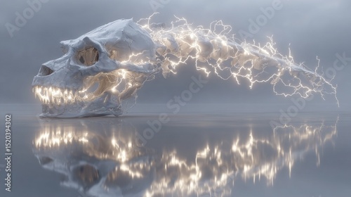 A luminous white skull, imbued with ethereal energy, rests on a reflective surface