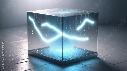Futuristic glowing cube enclosed within glass under simulated rain showcasing abstract artistic concepts