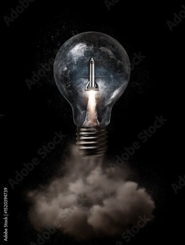 Classic lightbulb with metallic base showing rocket launch in transparent background