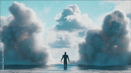 Bald muscular man standing in a serene seascape with billowing clouds
