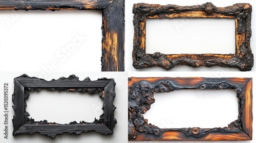 Four burnt wooden picture frames with blank white backgrounds