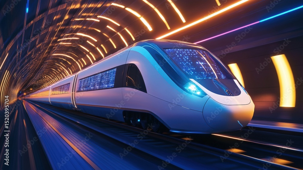 Obraz premium Futuristic train moving through a vibrant tunnel.
