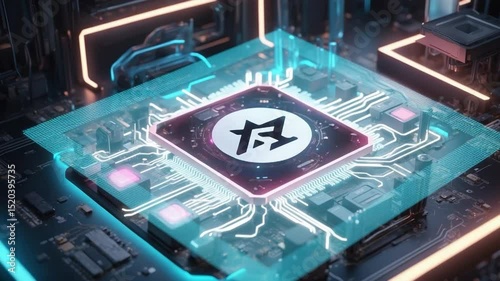 Futuristic microchip with illuminated circuitry and digital interface depicting a conceptual technological advancement