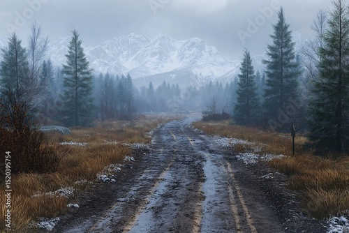 Misty Mountain Road. Scenic Forest Pathway for a Tranquil Wilderness Adventure