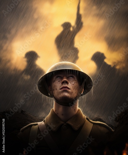 Young male soldier in helmet and coat standing on early 20th-century battlefield