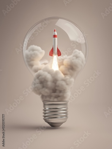 Red and white rocket launching inside a classic incandescent lightbulb with silver base