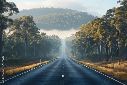 Scenic Mountain Road Adventure. Breathtaking Autumn Landscape with Misty Sky and Tall Trees