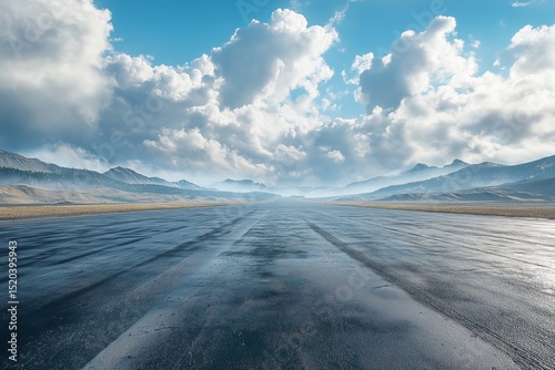 Majestic Highway Journey. Expansive Scenic View and Dramatic Sky with Mountains and Clouds on Empty Open Road