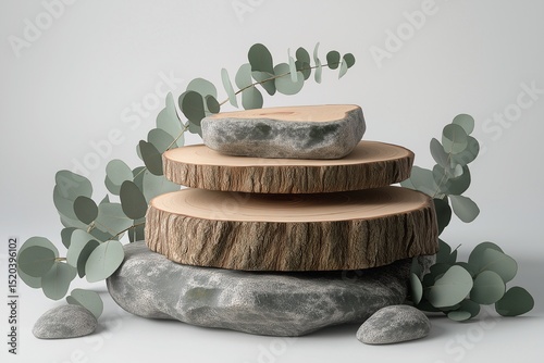 Modern Aesthetic. Minimalistic Wooden Slices and Greenery with Stone Display for Nature-Inspired Home Decor