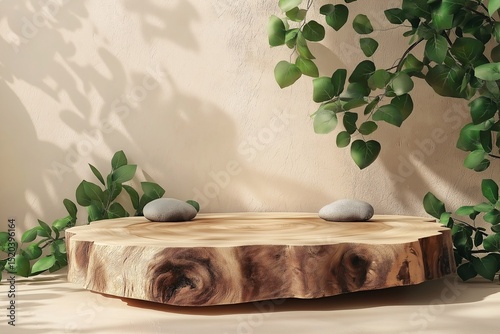 Wooden Tabletop Serenity. Natural Organic Decor with Zen Stones and Greenery for a Peaceful Interior