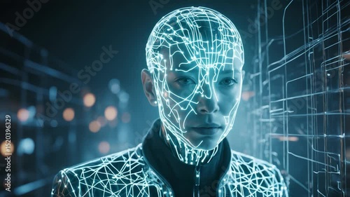 Futuristic portrait of a woman enhanced with glowing digital circuitry technology in a blue lit environment