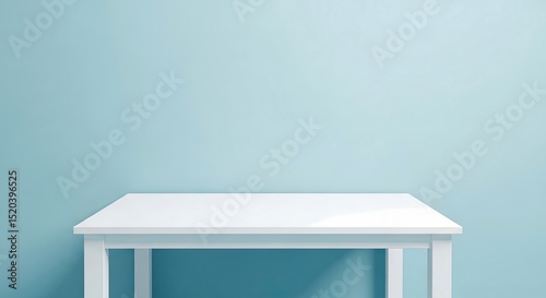 A white wooden table centered against a soft blue wall providing a clean minimal aesthetic perfect for product display or conceptual presentations. Simple design highlights the objects.