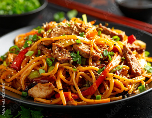 Chinese Dan Dan Mian (Spicy Sichuan Noodles) Close-up photo